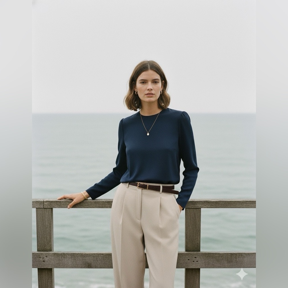 STELLA McCARTNEY Navy Blue Structured, Puff Sleeve Top |Quiet Luxury |